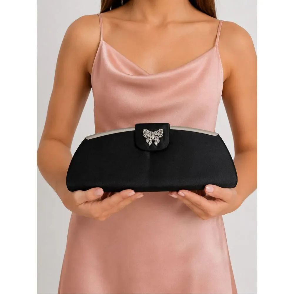 Vintage TOVA Beverly Hills Black Satin Clutch Evening Bag Rhinestone Butterfly